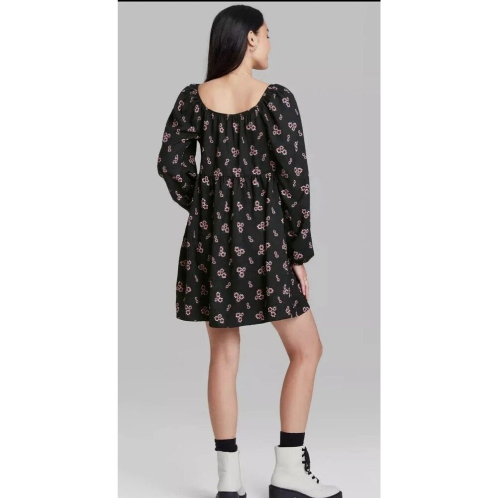 Wild Fable Junior's Tie Front Long Sleeve Mini Dress Black & Pink Floral Size S - Picture 2 of 4
